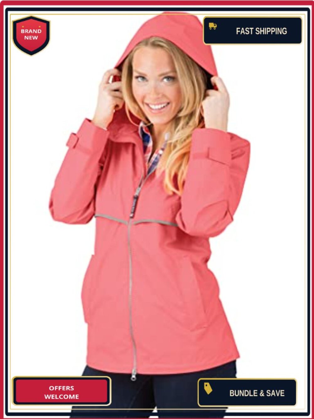 Waterproof Windproof Rain Jacket with Heat-Sealed Seams, Adjustable Hood,